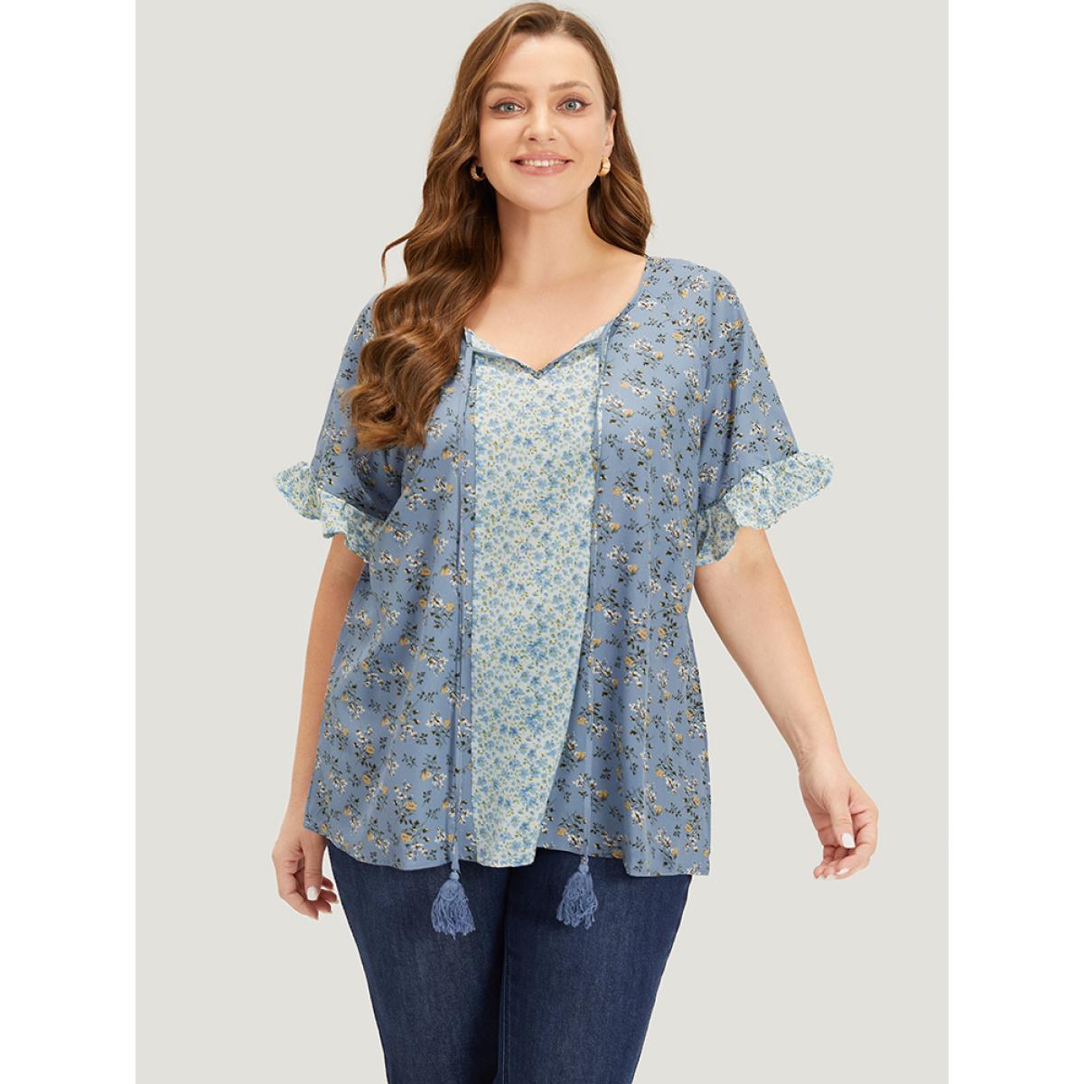 Plus Size Stone Ditsy Floral Tassels Tie Patchwork Ruffle Sleeve Blouse Women Elegant Short sleeve Tie Neck Dailywear Blouses BloomChic 12/L Product Image