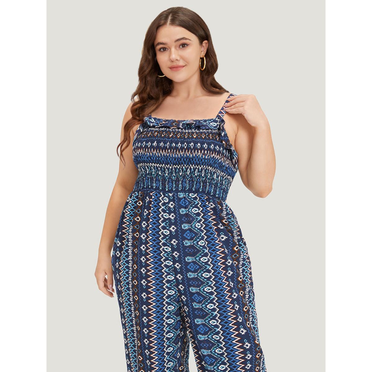 Plus Size DarkBlue Boho Print Shirred Pocket Elastic Wais Ruffle Trim Cami Jumpsuit Women Elegant Sleeveless Spaghetti Strap Dailywear Loose Jumpsuits BloomChic 14-16/1X Product Image