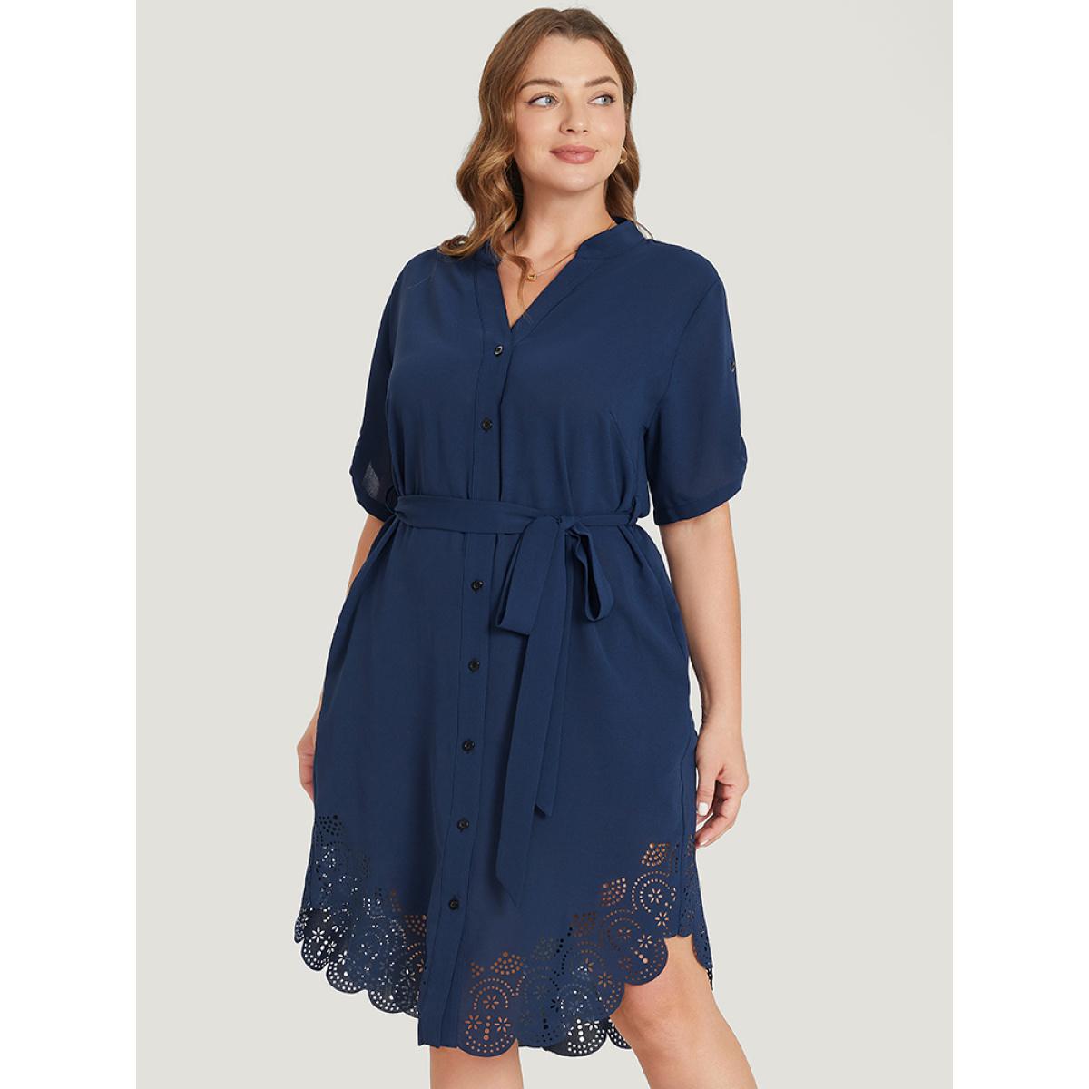 Plus Size Solid Cuffed Sleeve Button Up Belted Laser Cut Arc Hem Dress DarkBlue Women Office Belted Notched collar Short sleeve Curvy Knee Dress BloomChic 22-24/3X Product Image