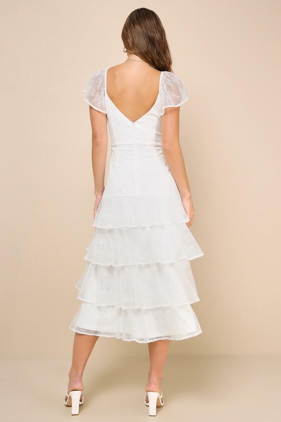 Graceful Darling White Lace Flutter Sleeve Tiered Midi Dress Product Image