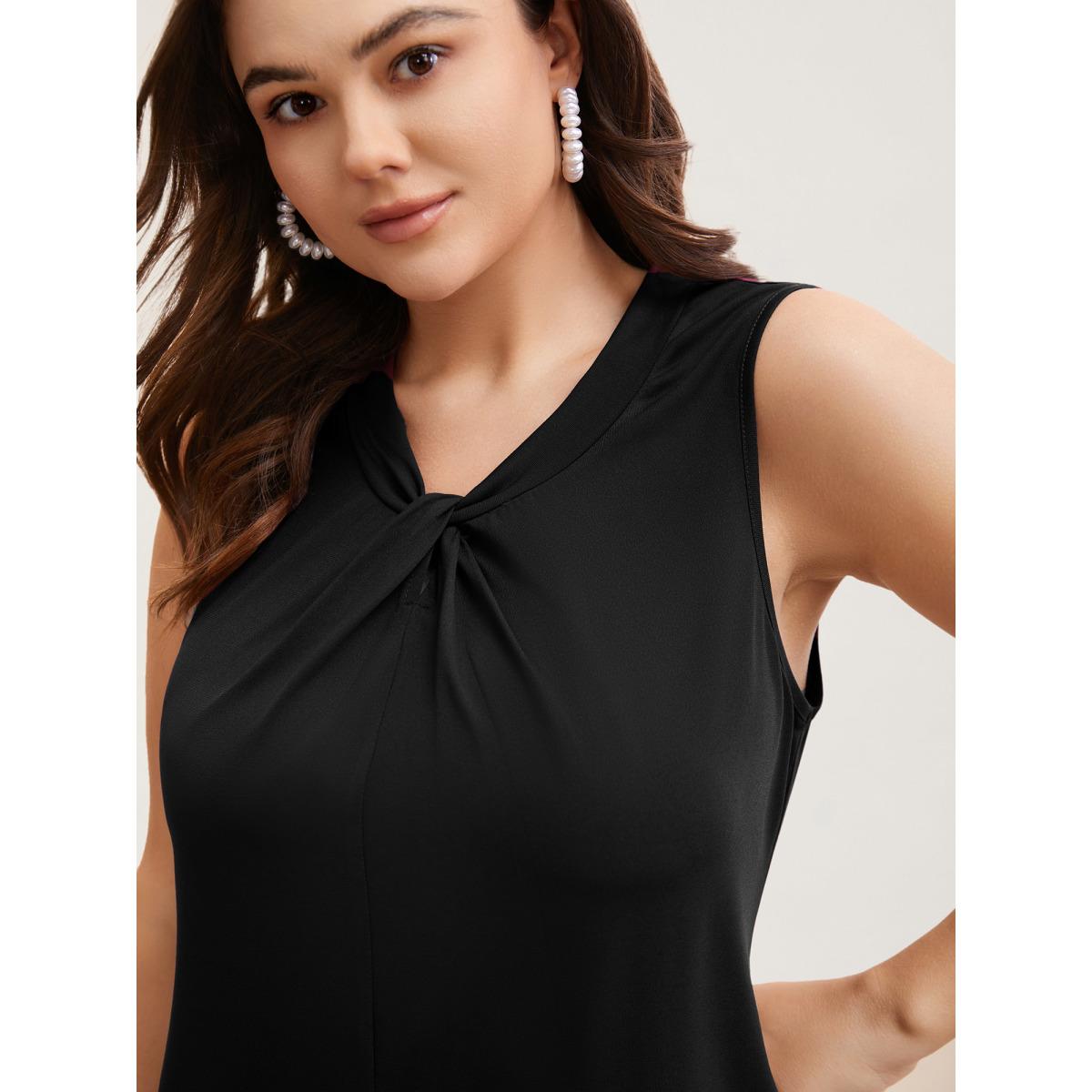 Plus Size Solid Asymmetrical Neck Twist Front Tank Top Women Black Elegant Twist Asymmetrical Neck Everyday Tank Tops Camis BloomChic 26/4X Product Image