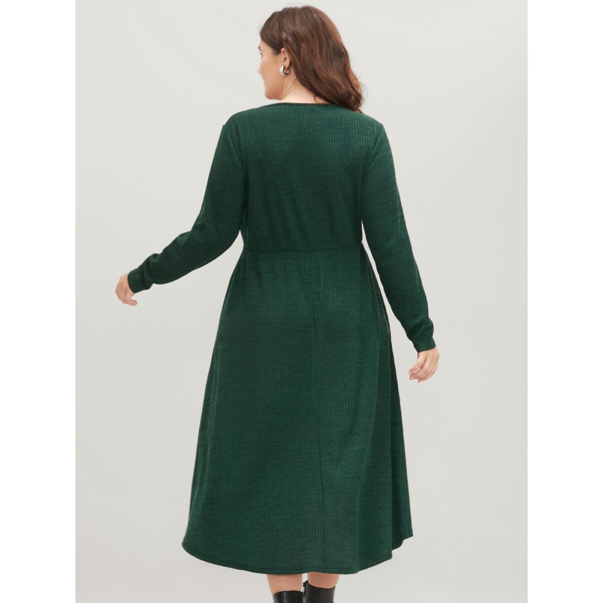 Plus Size Solid Pocket Surplice Neck Rib Knit Marled Dress DarkGreen Women Elegant V-neck Long Sleeve Curvy Midi Dress BloomChic 28/5X Product Image