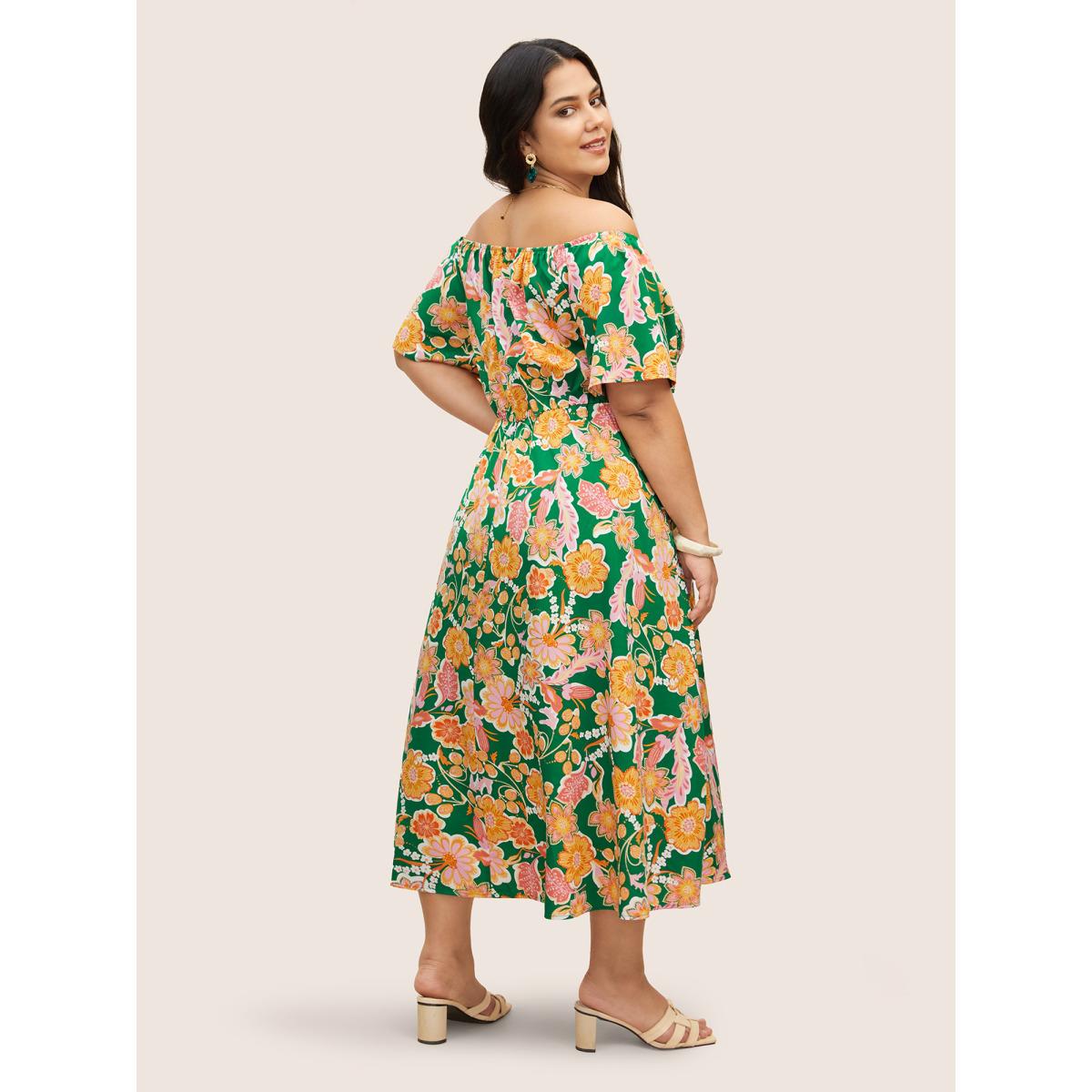 Plus Size Floral Shirred Off Shoulder Flutter Sleeve Dress Green Women Resort Shirred One-shoulder neck Short sleeve Curvy BloomChic 14-16/1X Product Image