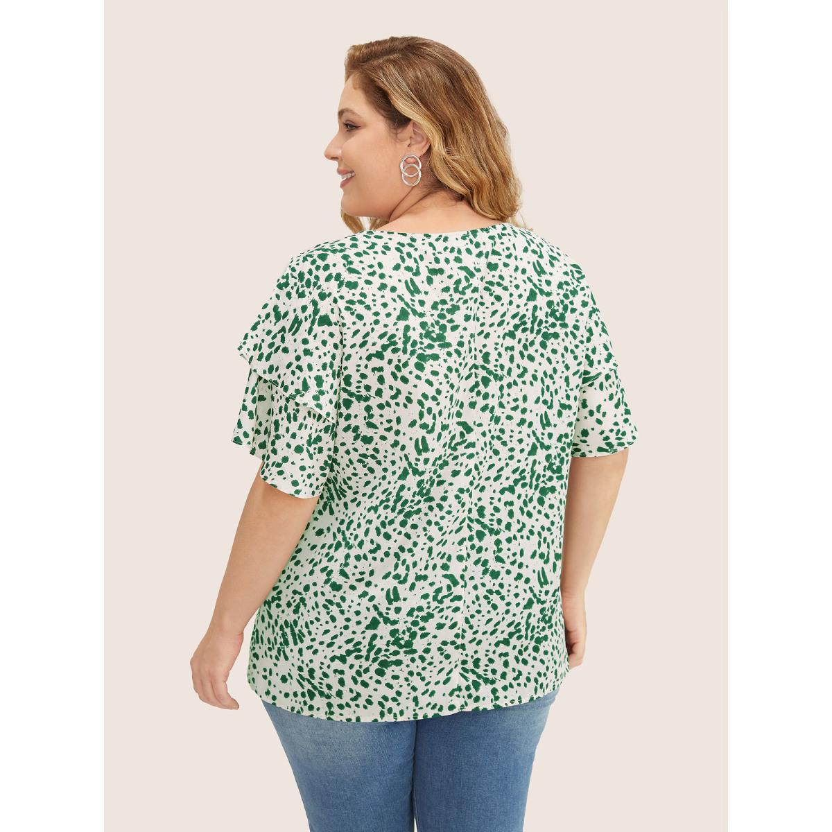 Plus Size Emerald Leopard Crew Neck Ruffle Tiered Sleeve Blouse Women Elegant Short sleeve Round Neck Everyday Blouses BloomChic 28/5X Product Image