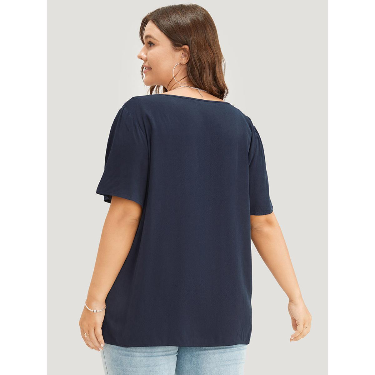 Plus Size Indigo Solid Pleated Detail Tie Neck Ruffle Blouse Women Office Short sleeve Tie Neck Dailywear Blouses BloomChic 10/M Product Image