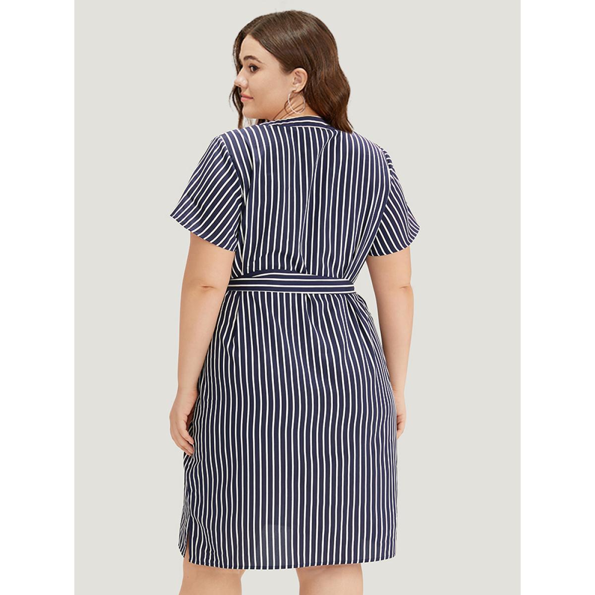 Plus Size Striped Pocket Button Through Belted Split Hem Dress Indigo Women Office Belted Notched collar Short sleeve Curvy Midi Dress BloomChic 10/M Product Image