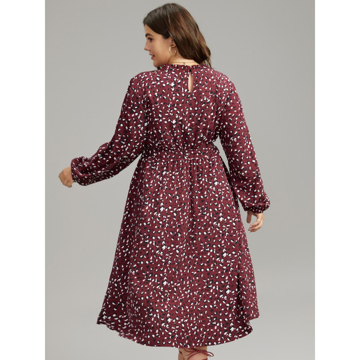 Plus Size Allover Print Elastic Cuffs Frill Trim Belted Dress Burgundy Women Elegant Elastic cuffs Mock Neck Long Sleeve Curvy Midi Dress BloomChic 12/L Product Image