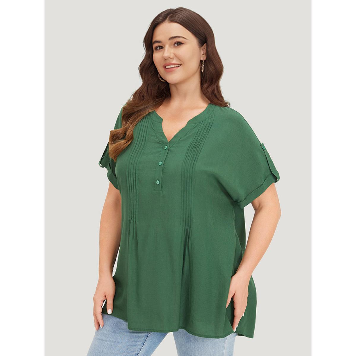 Plus Size ArmyGreen Solid Cuffed Sleeve Pleated Notched Blouse Women Elegant Short sleeve Notched collar Dailywear Blouses BloomChic 14-16/1X Product Image