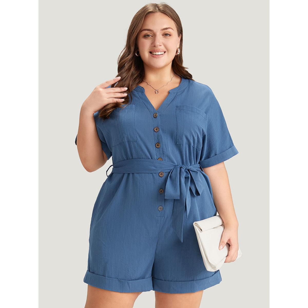 Plus Size Stone Anti-Wrinkle Solid Patched Pocket Notched Button Up Belt Romper Women Office Short sleeve Notched collar Office Loose Jumpsuits BloomChic 18-20/2X Product Image