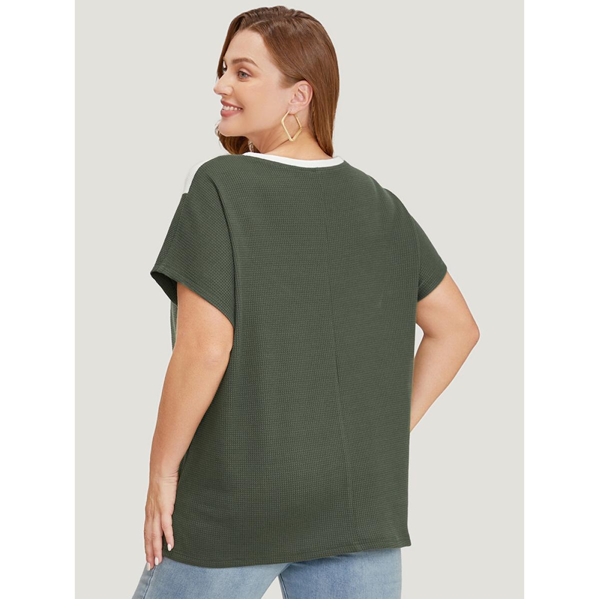 Plus Size Colorblock Contrast Lace Waffle Knit Batwing Sleeve T-shirt Sage Women Elegant Contrast Colorblock Round Neck Dailywear T-shirts BloomChic 28/5X Product Image