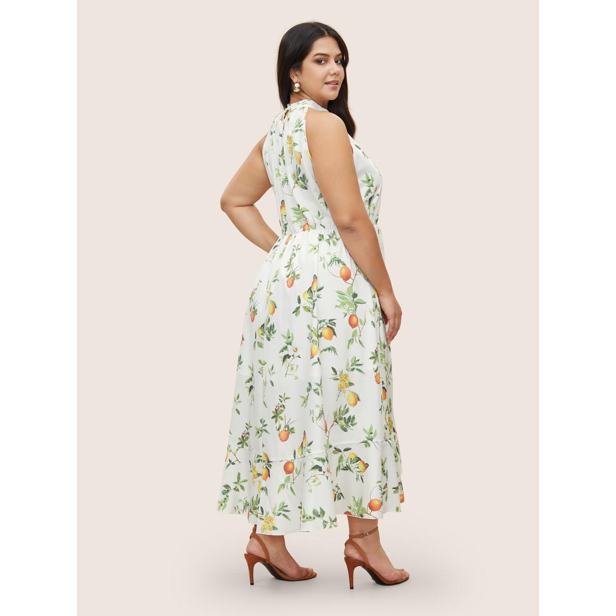 Plus Size Citrus Lemon Print Elastic Waist Halter Neck Dress Ivory Women Elegant Non Halter neck Sleeveless Curvy Midi Dress BloomChic 12/L Product Image