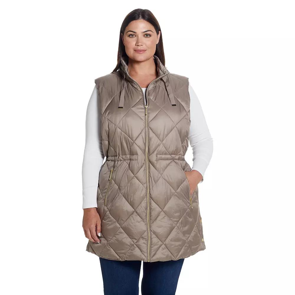 Plus Size Weathercast Diamond Quilted Puffer Longline Vest with Cinched Waist, Women's, Size: 3XL, Brown Product Image