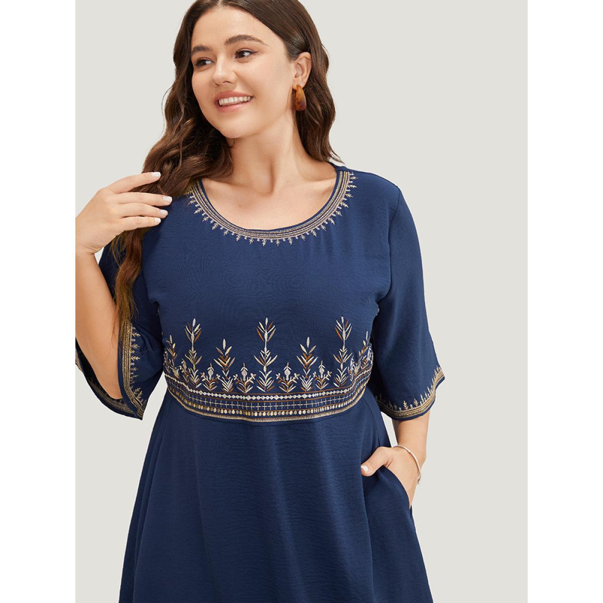 Plus Size Plant Embroidered Pocket Ruffle Sleeve Knee Dress Navy Women Vacation Embroidered Round Neck Short sleeve Curvy Knee Dress BloomChic 12/L Product Image
