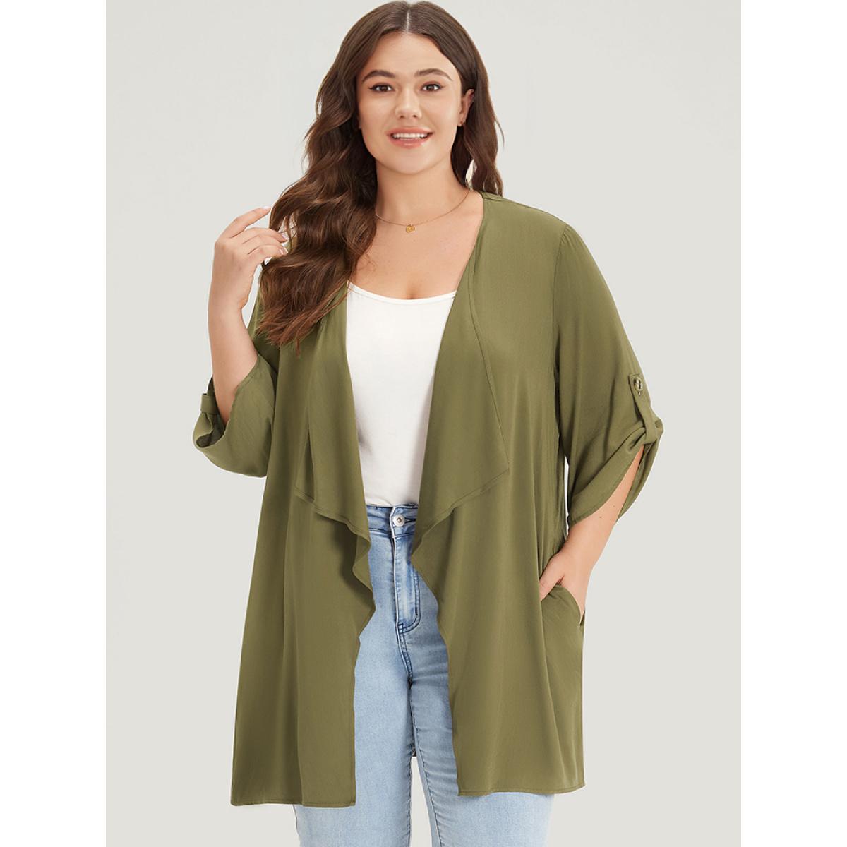 Plus Size Supersoft Essentials Plain Pocket Button Ruffle Open Front Kimono Women ArmyGreen Casual Plain Loose Pocket Dailywear Kimonos BloomChic 22-24/3X Product Image