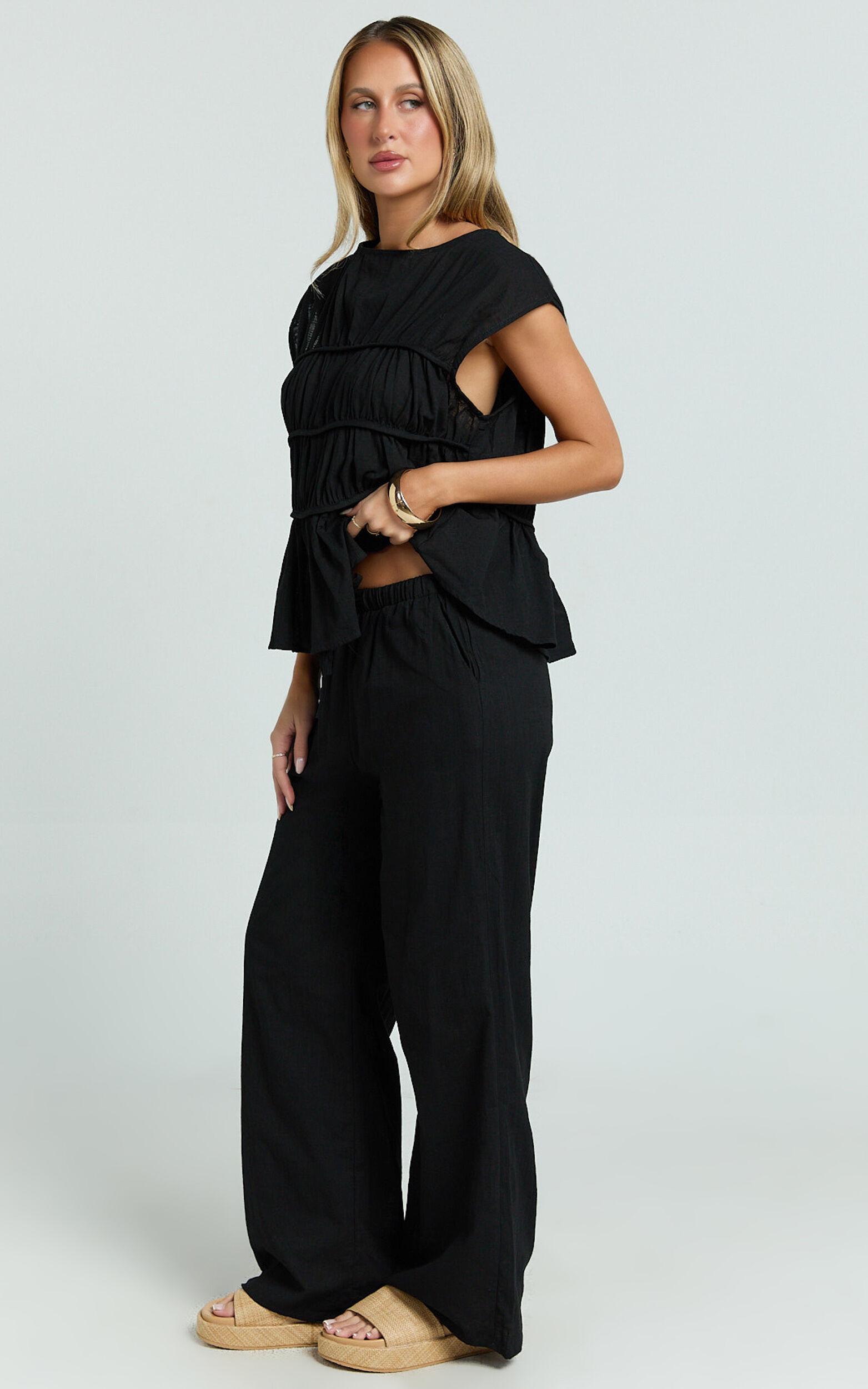Auric Two Piece Set - Ruched Detail Top and Wide Leg Pants Set in Black Product Image