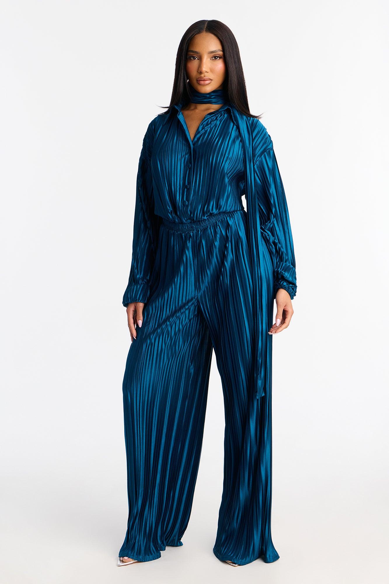 So Dramatic Satin Bodysuit 3 Piece Pant Set - Teal Female Product Image