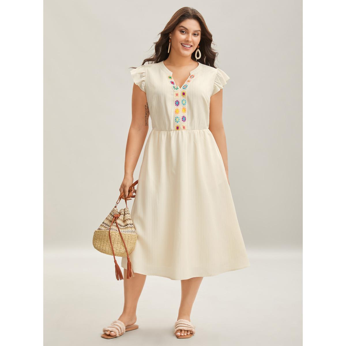 Plus Size Notched Collar Spliced Pockets Midi Dress Beige Women Ruffles Notched collar Cap Sleeve Curvy BloomChic 18-20/2X Product Image