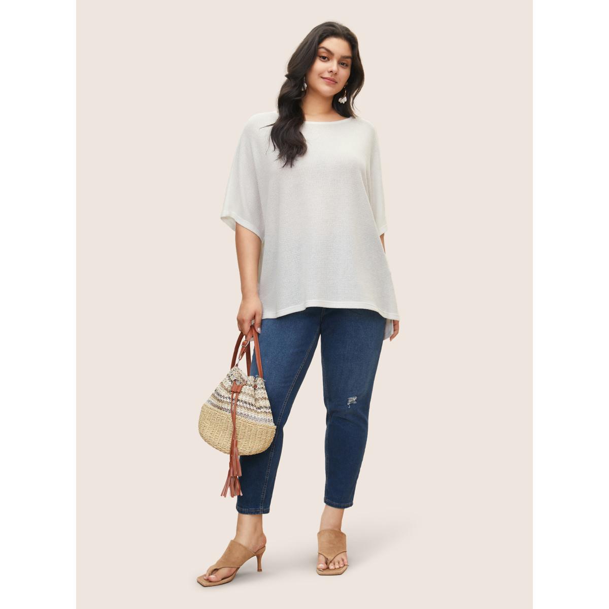 Plus Size Plain Textured Dolman Sleeve Loose T-shirt White Women Casual Non Plain Round Neck Everyday T-shirts BloomChic 22-24/3X Product Image