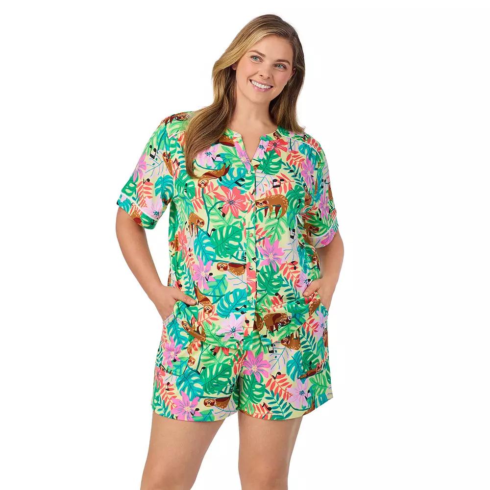 Plus Size Cuddl Duds® Short Sleeve Split Neck Pajama Top & Pajama Shorts Set, Women's, Size: 3XL, Yellow Sls Product Image