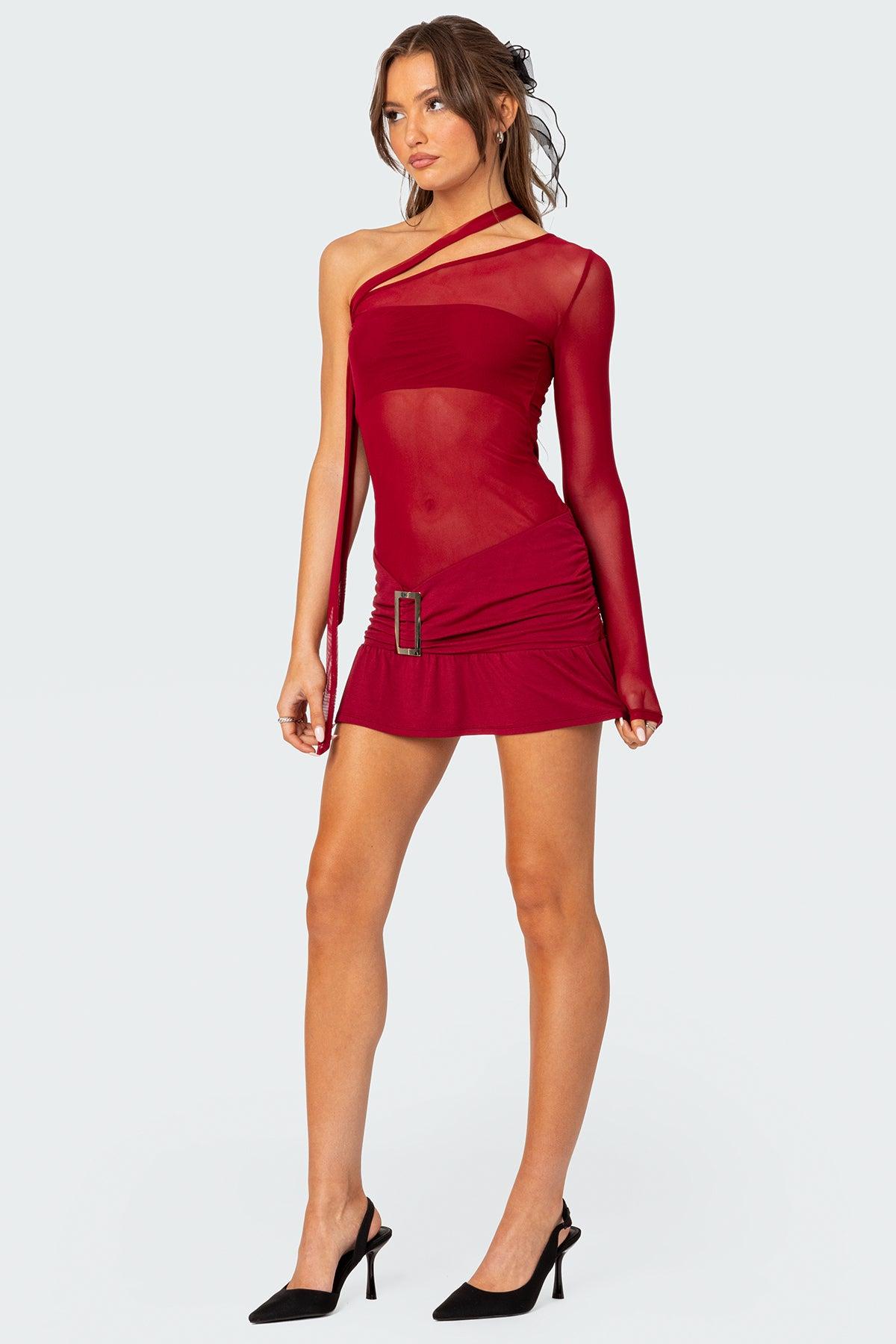 One Shoulder Sheer Mesh Mini Dress Product Image