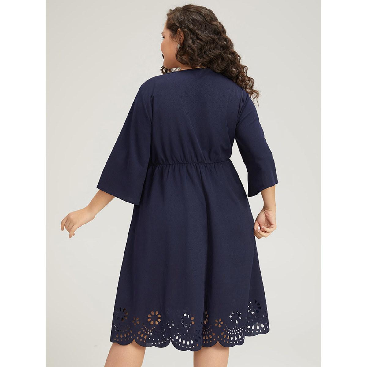 Plus Size Plain Keyhole Pocket Laser Cut Dress Navy Women Office Plain Notched collar Elbow-length sleeve Curvy Midi Dress BloomChic 28/5X Product Image