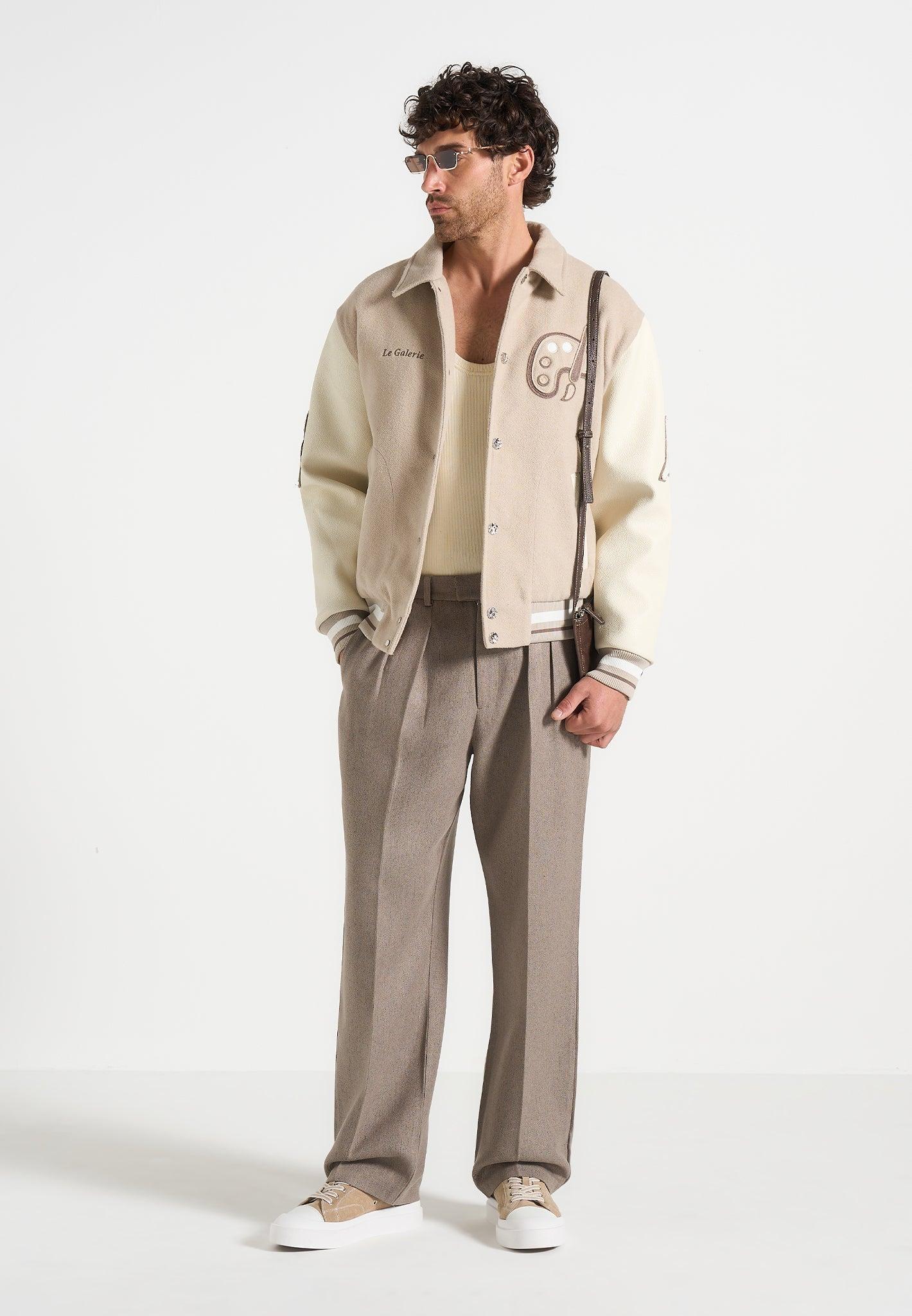 Pierre - Relaxed Fit Textured Pleated Tailored Trousers - Taupe Male Product Image