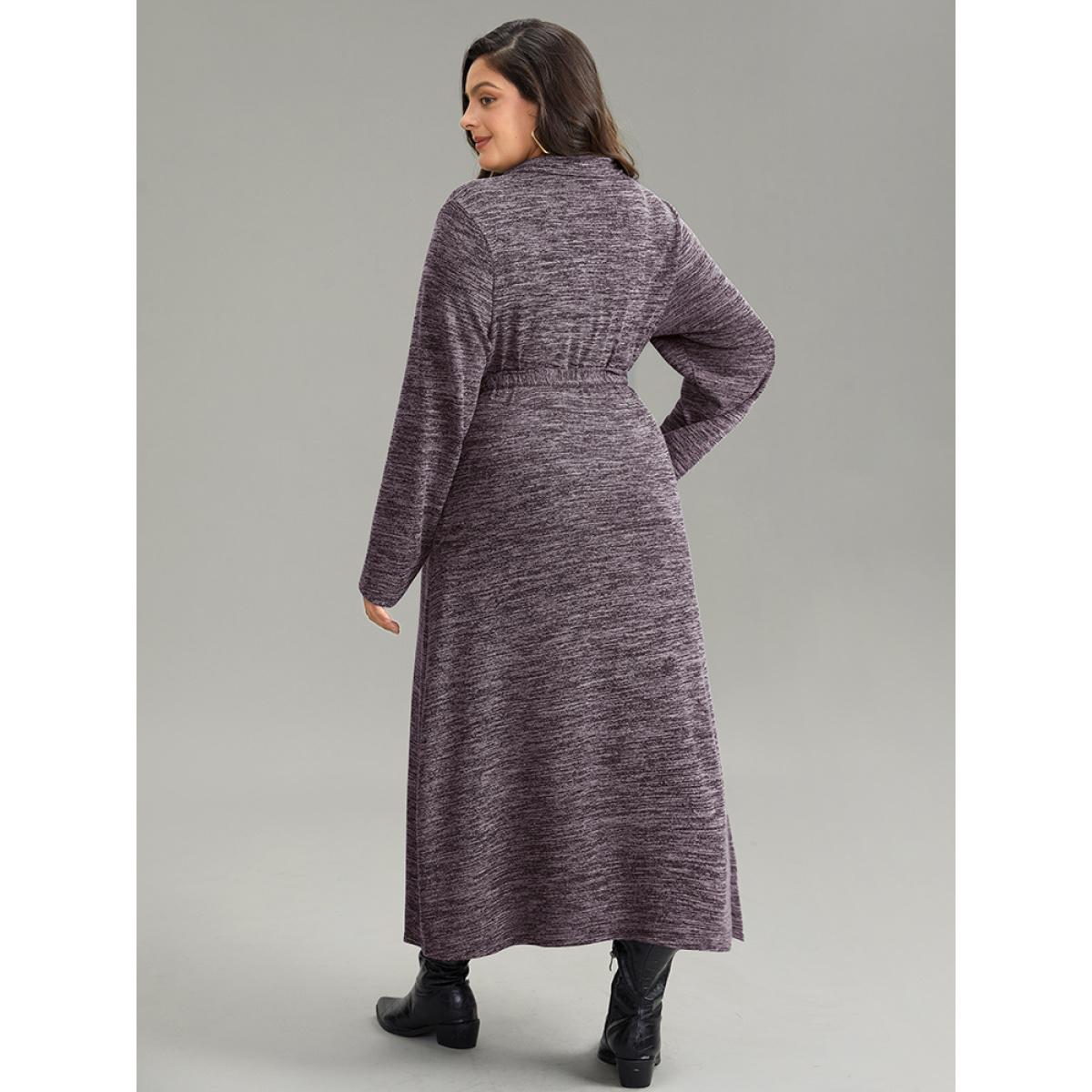 Plus Size Solid Pocket Elastic Waist Ties Split Hem Dress Purple Women Casual Plain Lapel Collar Long Sleeve Curvy Midi Dress BloomChic 14-16/1X Product Image