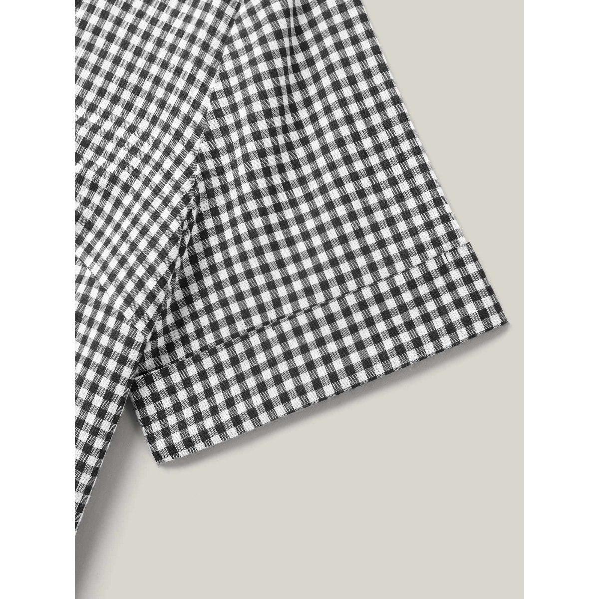 Plus Size Black Plaid Print Notched Collar Pleated Blouse Women At the Office Short sleeve V-neck Work Blouses BloomChic 14-16/1X Product Image