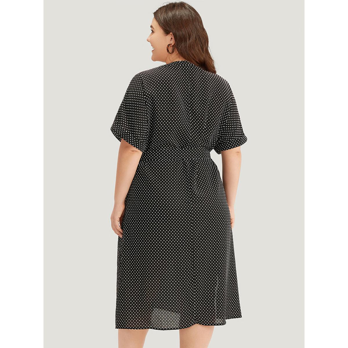 Plus Size Polka Dot Notched Split Hem Button Through Roll Sleeve Dress BlackFlower Women Office Belted Notched collar Short sleeve Curvy Midi Dress BloomChic 14-16/1X Product Image
