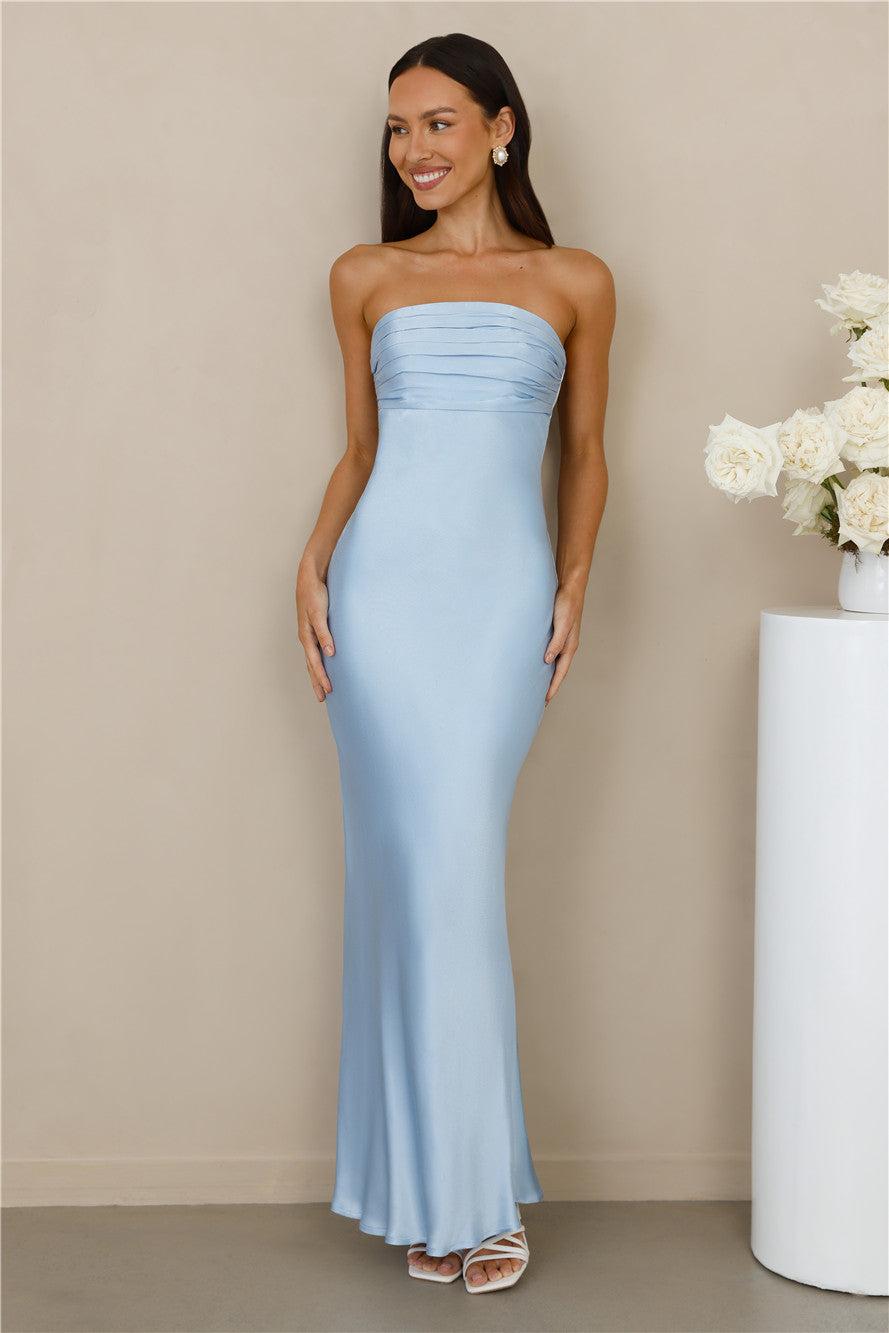 The Seraphina Strapless Satin Maxi Dress Blue Product Image