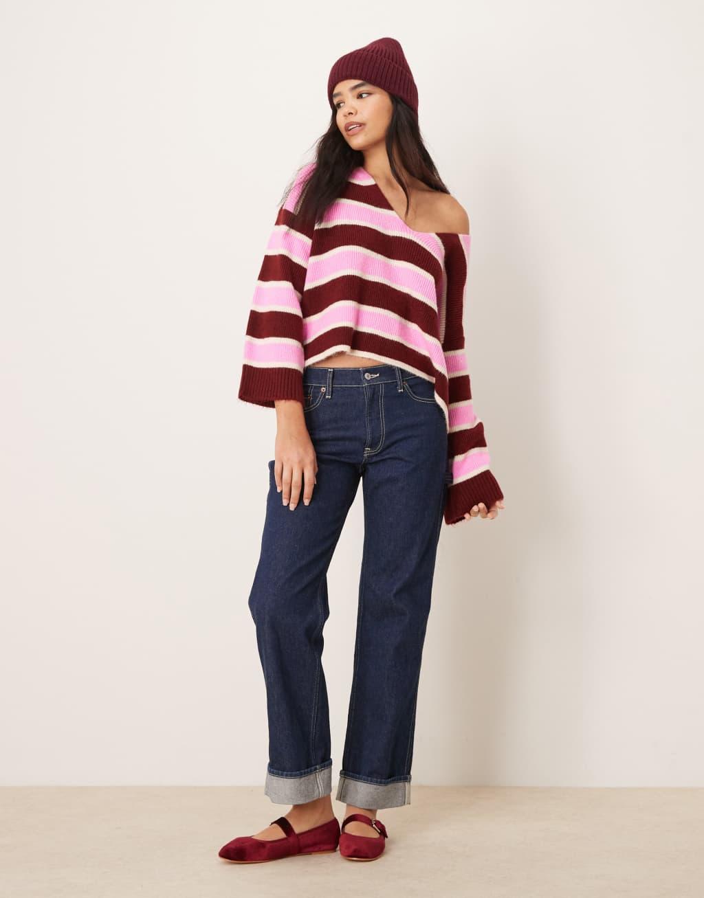 Miss Selfridge burgundy stripe v neck sweater Product Image