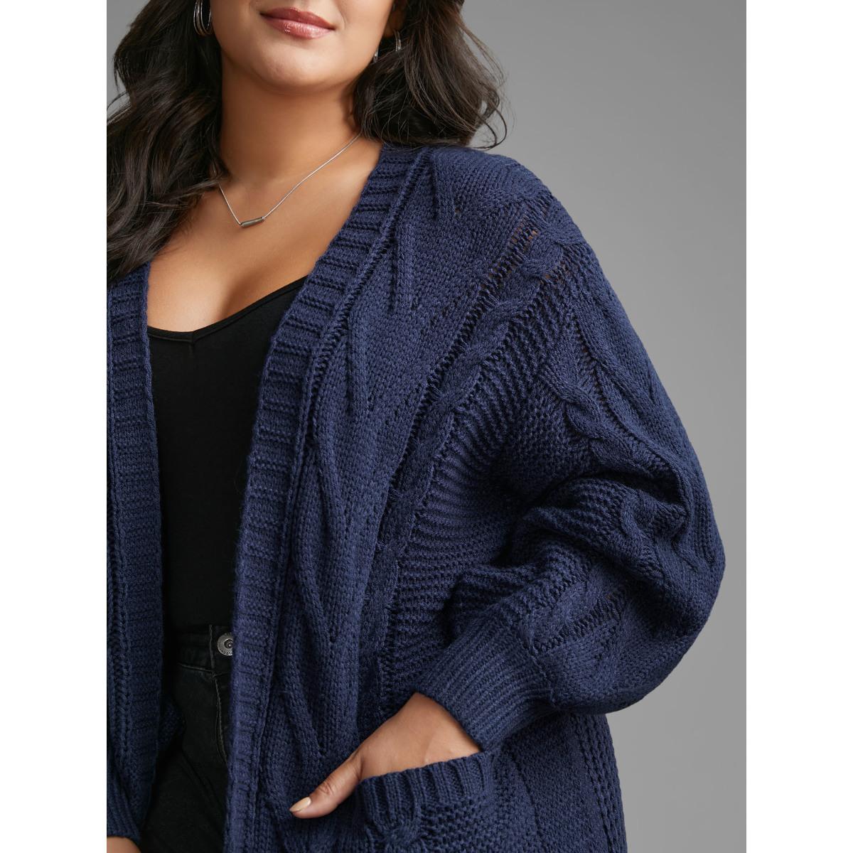 Plus Size Texture Cable Knit Patched Pocket Cardigan Indigo Women Casual Long Sleeve Everyday Cardigans BloomChic 26/4X Product Image