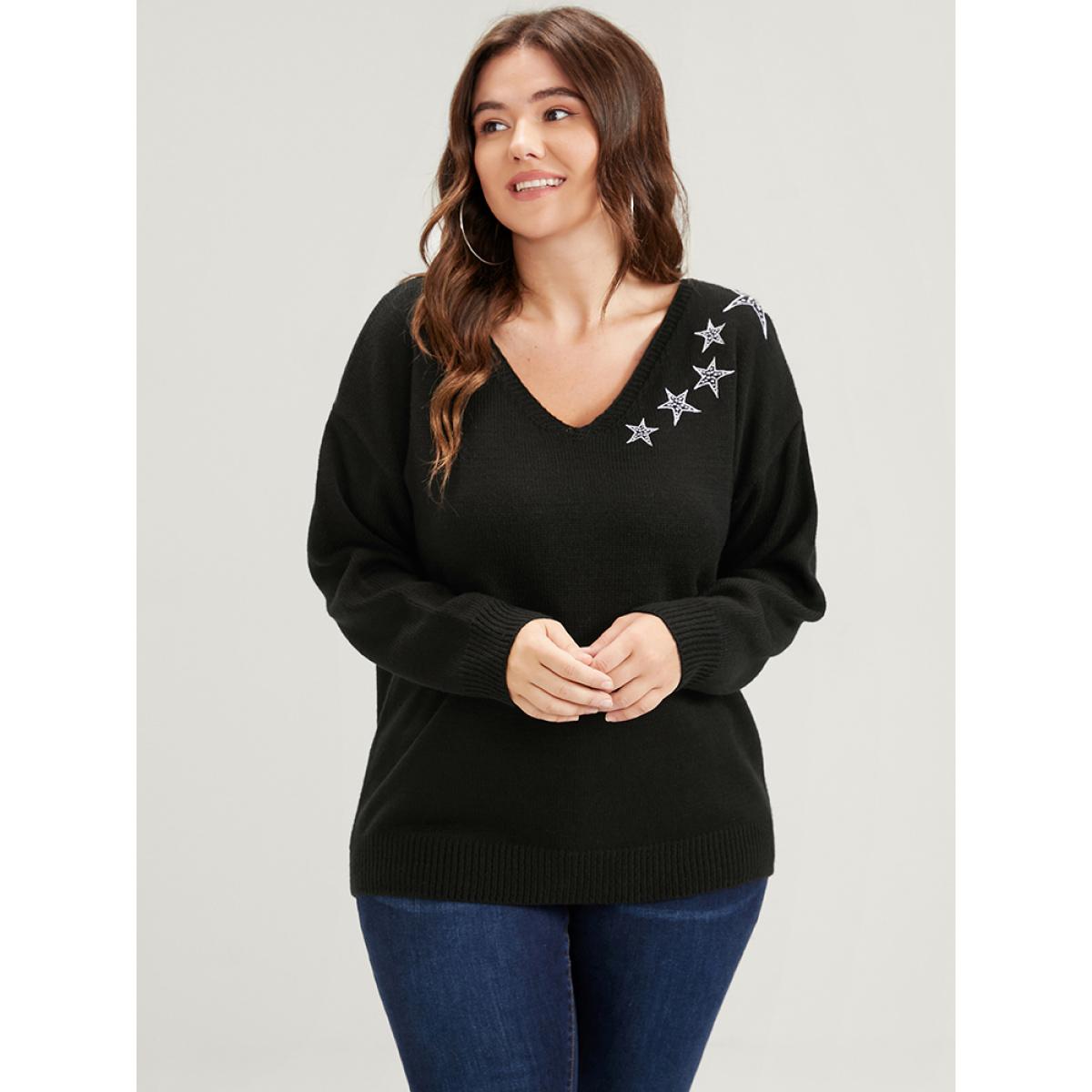 Plus Size Star Embroidered Pointelle Knit V Neck Knit Top Black Women Casual Long Sleeve V-neck Dailywear Pullovers BloomChic 18-20/2X Product Image