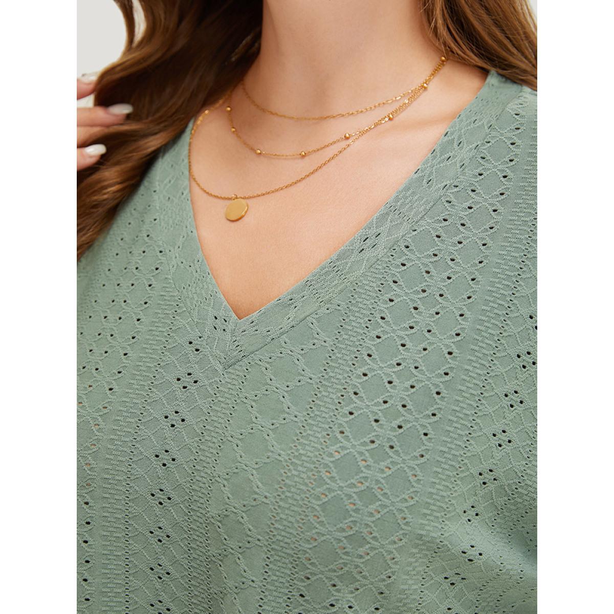 Plus Size Plain Roll Sleeve Broderie Anglaise T-shirt Sage Women Casual Broderie anglaise Plain V-neck Dailywear T-shirts BloomChic 10/M Product Image