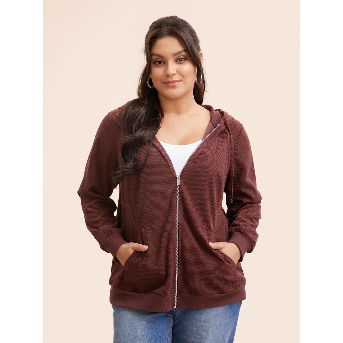 Plus Size Solid Corduroy Hooded Drawstring Sweatshirt Women Scarlet Casual Texture Hooded Everyday Sweatshirts BloomChic 14-16/1X Product Image