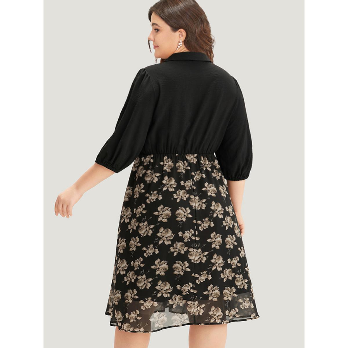 Plus Size Floral Print Patchwork Shirt Collar Dress Black Women Office Lined Shirt collar Half Sleeve Curvy Midi Dress BloomChic 12/L Product Image