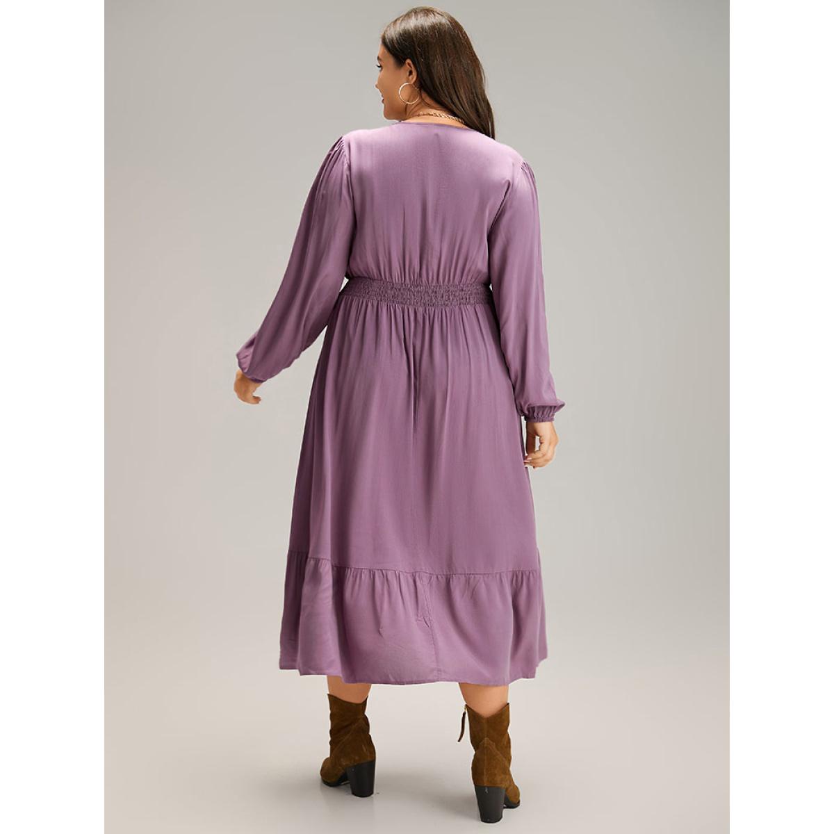 Plus Size Solid Eyelet Lace Shirred Wrap Flutter Hem Dress Mauve Women Elegant Elastic cuffs V-neck Long Sleeve Curvy Midi Dress BloomChic 22-24/3X Product Image