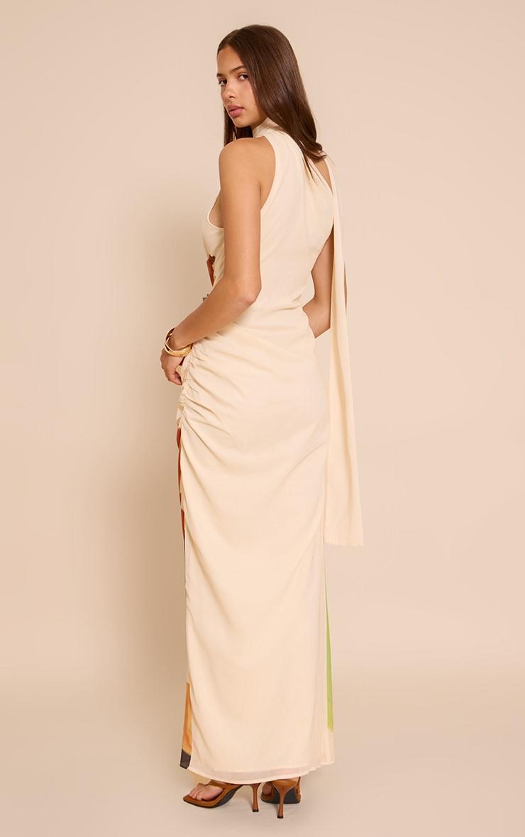 Cream Floral Print Chiffon High Neck Mxi Dress Product Image