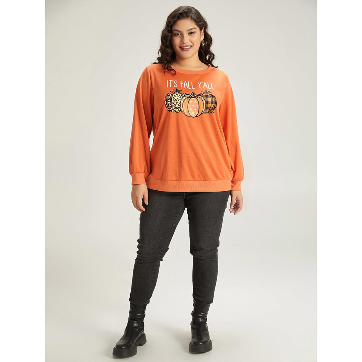 Plus Size Halloween Pumpkin Crew Neck Elastic Cuffs Sweatshirt Women Coral Casual Elastic cuffs Festival-Halloween Sweatshirts BloomChic 28/5X Product Image