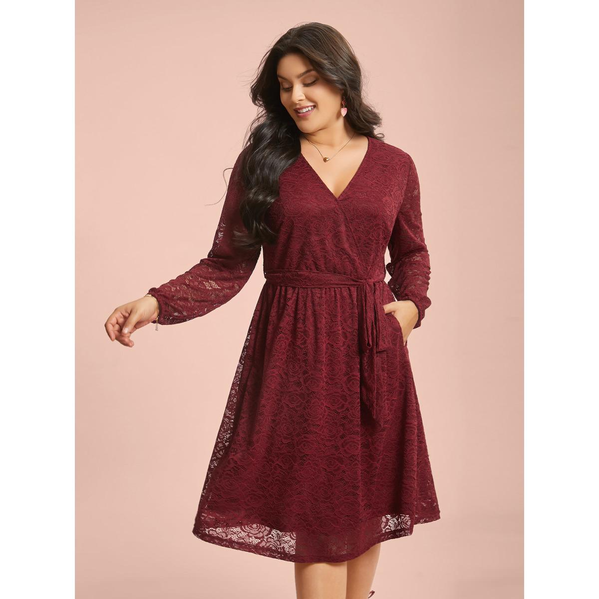 Plus Size Crochet Lace Mesh Surplice Neck Belted Dress Burgundy Women Elegant Texture Party Curvy Bloomchic 14-16/1X Product Image
