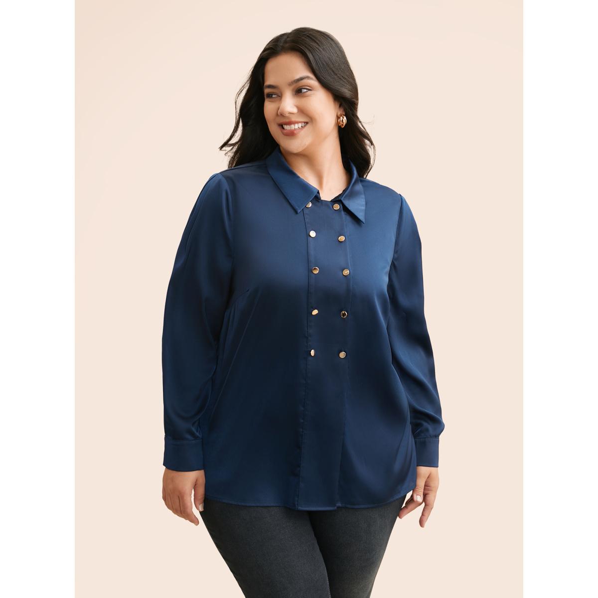 Plus Size Indigo Shirt Collar Metal Detail Blouse Women Elegant Long Sleeve Shirt collar Everyday Blouses BloomChic 26/4X Product Image