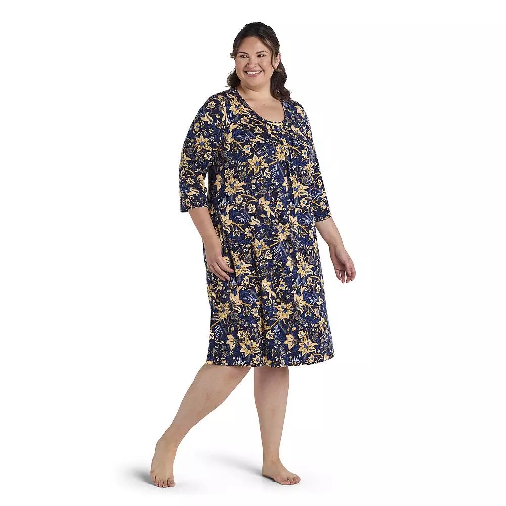 Plus Size Miss Elaine Essentials 3/4 Sleeve Micro Velvet Long Gown, Women's, Size: 2XL, Navy Gold Floral Product Image