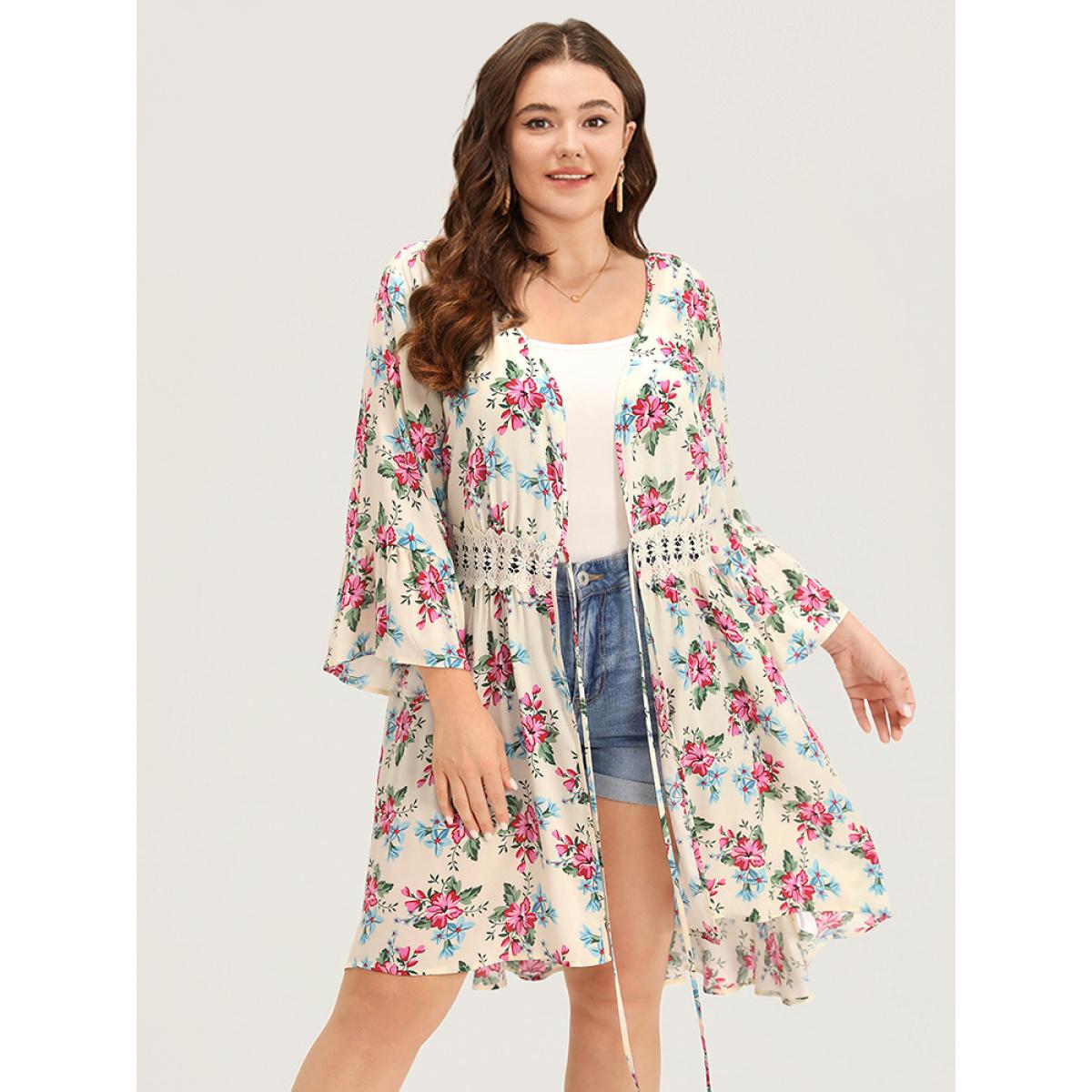 Plus Size Floral Print Open Front Knot Guipure Lace Ruffles Kimono Women Beige Vacation Printed Dailywear Kimonos BloomChic 10/M Product Image