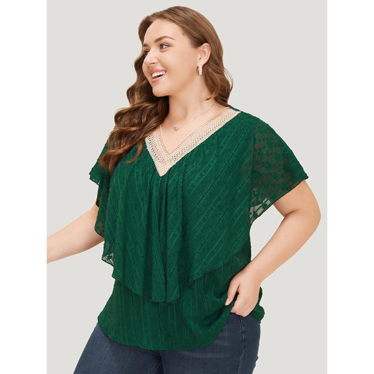 Plus Size DarkGreen Solid Textured Flutter Trim Contrast Lace Blouse Women Elegant Short sleeve V-neck Dailywear Blouses BloomChic 22-24/3X Product Image
