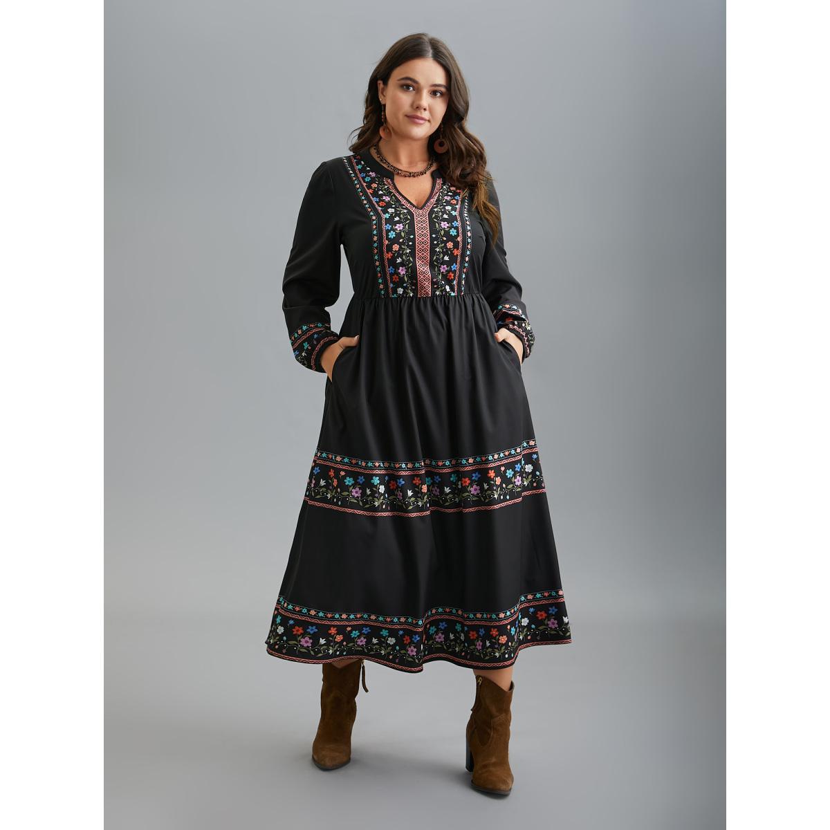 Plus Size Notched Collar Boho Print Midi Dress Black Women Resort Non Notched collar Long Sleeve Curvy BloomChic 14-16/1X Product Image