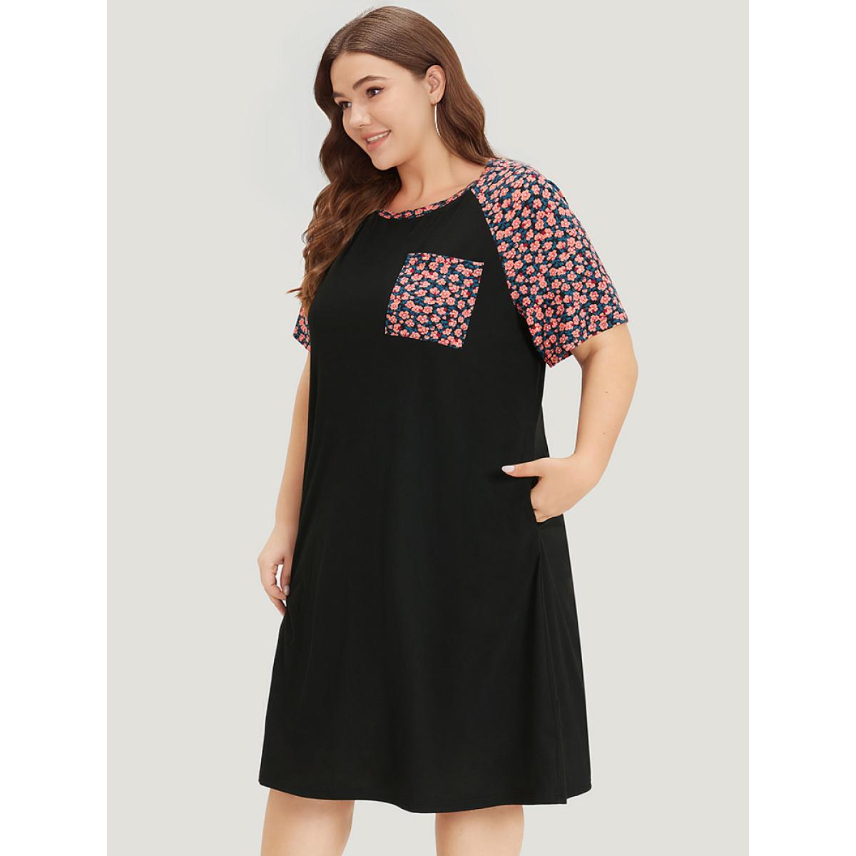 Plus Size Supersoft Essentials Ditsy Floral Raglan Sleeve Patched Pocket Dress Black Women Casual Plain Round Neck Short sleeve Curvy Midi Dress BloomChic 14-16/1X Product Image