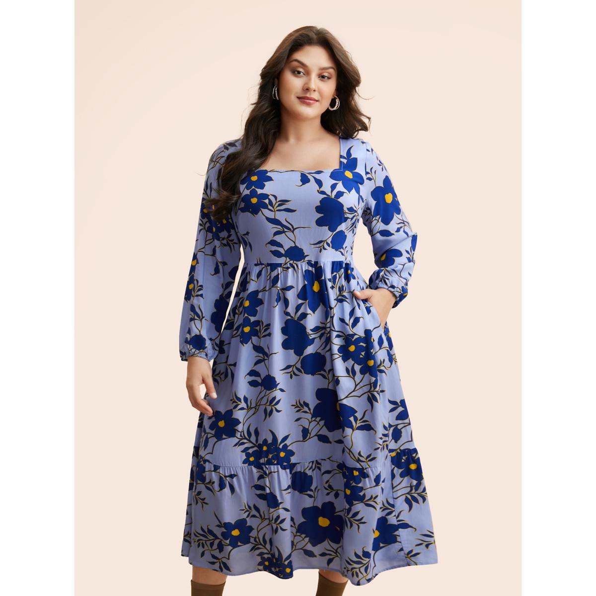 Plus Size Square Neck Floral Patchwork Ruffle Hem Dress Skyblue Women Elegant Non Square Neck Long Sleeve Curvy BloomChic 10/M Product Image