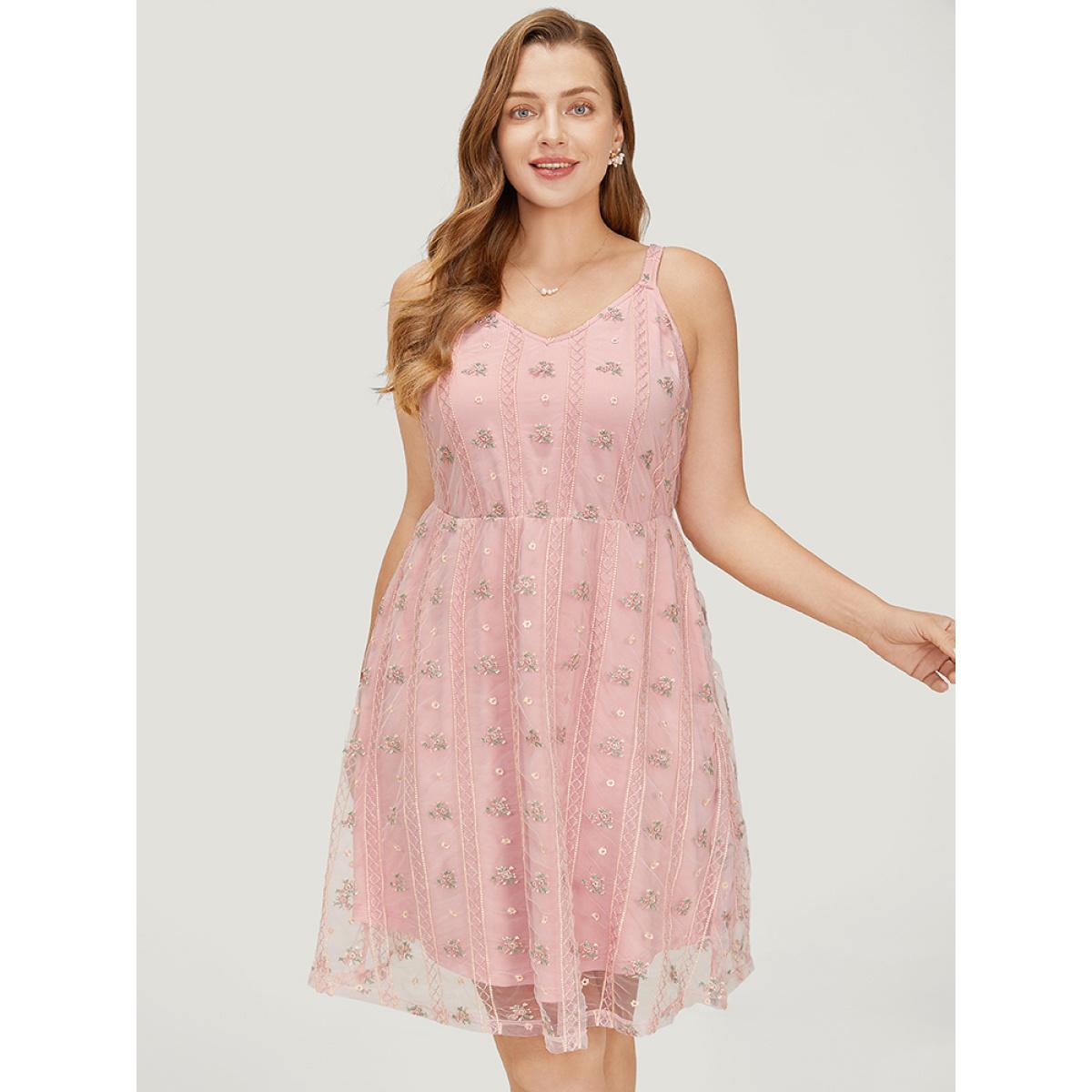 Plus Size Floral Embroidered Mesh Pocket Cami Dress MistyRose Women Glamour Lined Spaghetti Strap Sleeveless Curvy Knee Dress BloomChic 26/4X Product Image