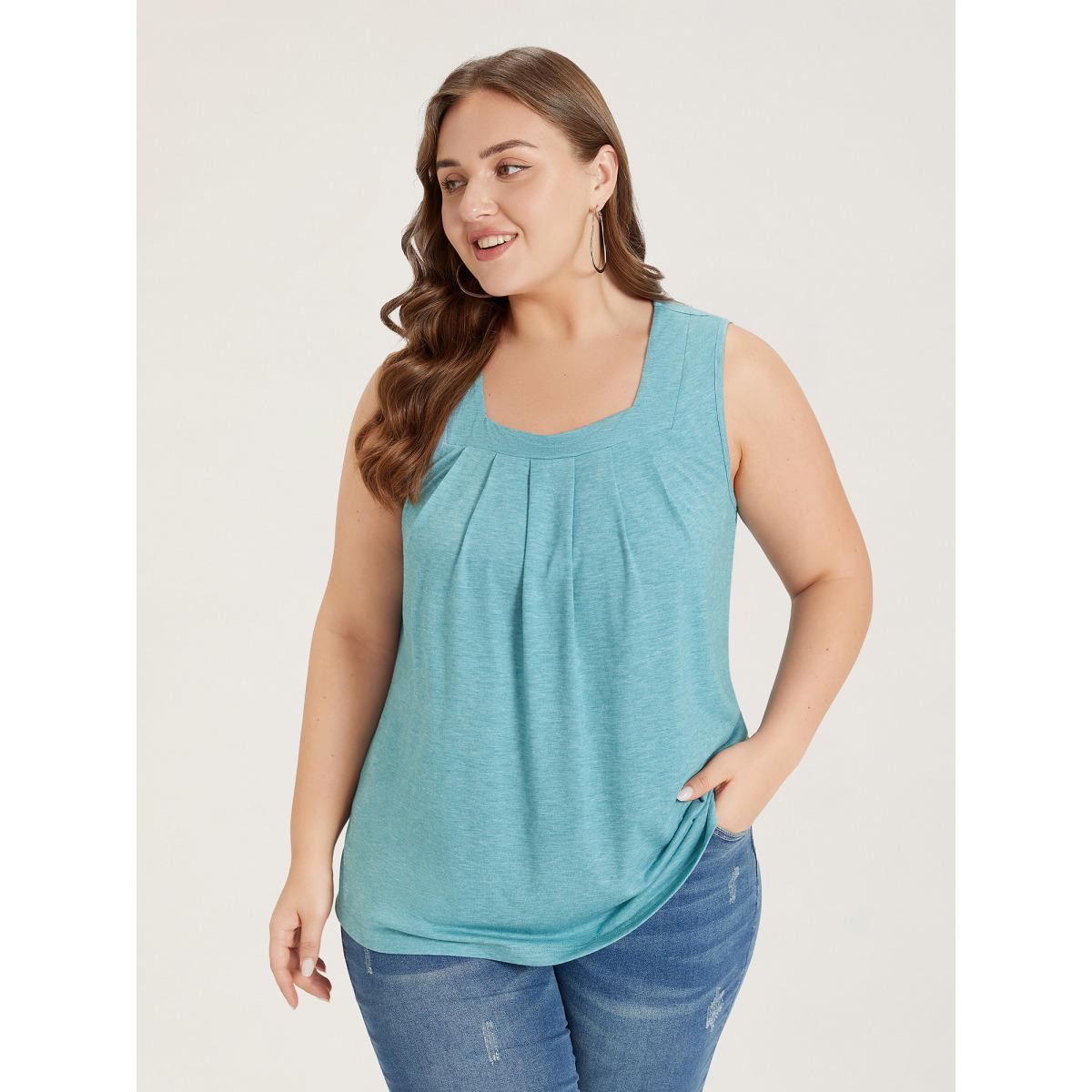 Plus Size Heather Plicated Detail Square Neck Tank Top Women Turquoise Leisure Non U-neck Casual Tank Tops Camis BloomChic 30/6X Product Image