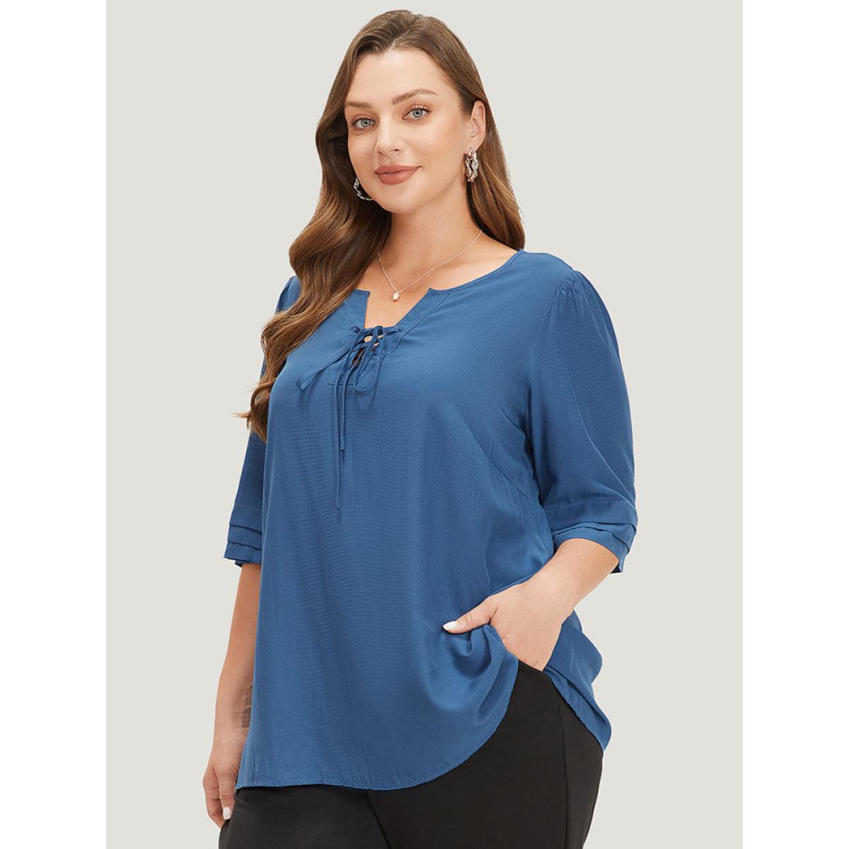 Plus Size Aegean Plain Knot Neck Half Sleeve Layered Blouse Women Office Half Sleeve Tie Neck Work Blouses BloomChic 28/5X Product Image